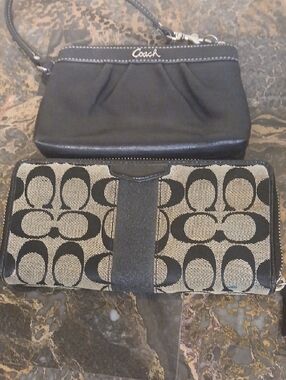 2 For 1 Coach Black Leather Wristlet with Signature Canvas Tan/Black Wallet